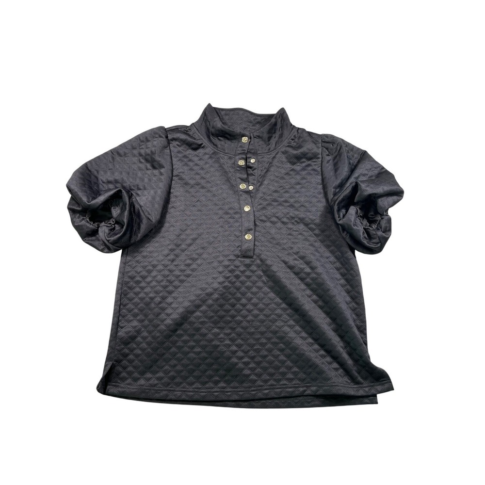 Mary Square Black Quilted Puff Sleeve Henley Top Large Textured Stretch‎ Blouse